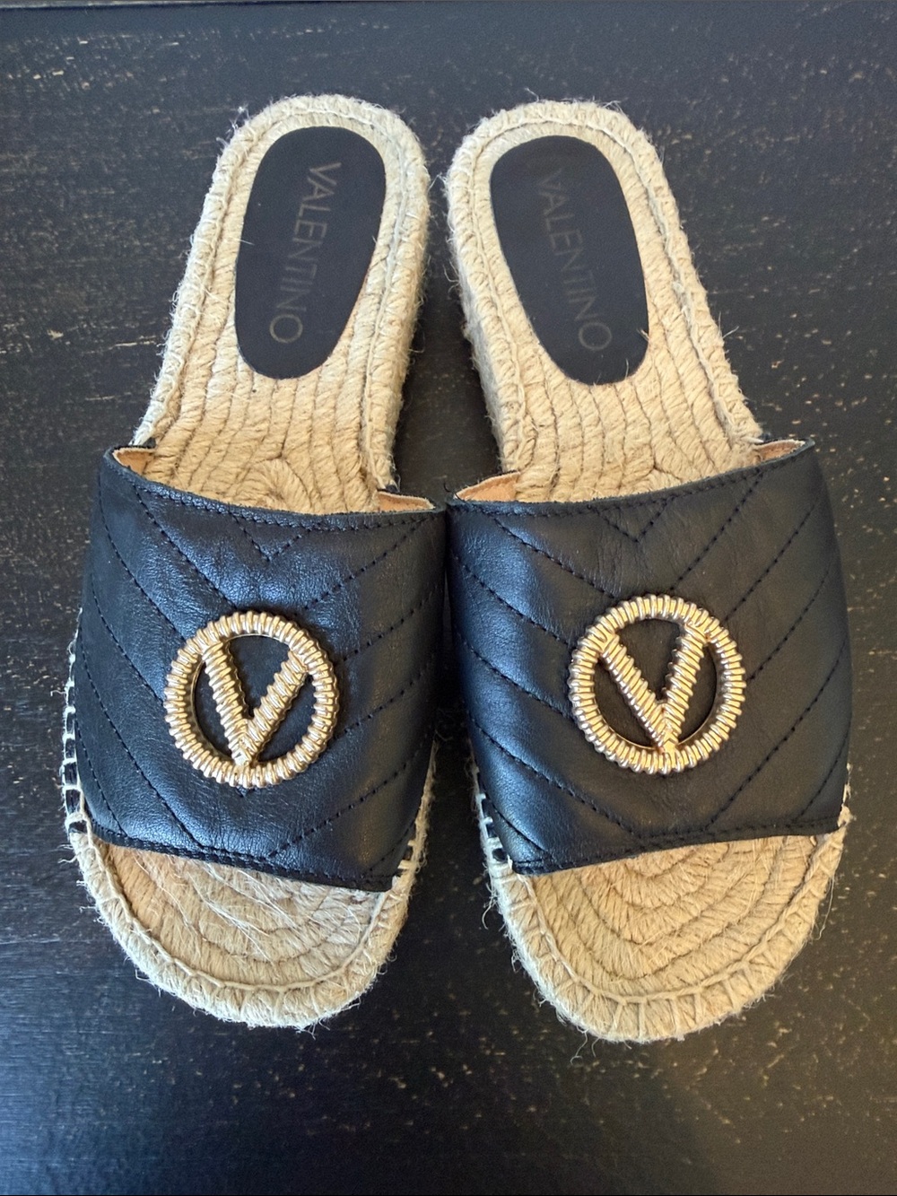 Valentino Black Quilted Leather Espadrille Slide with Gold V Logo